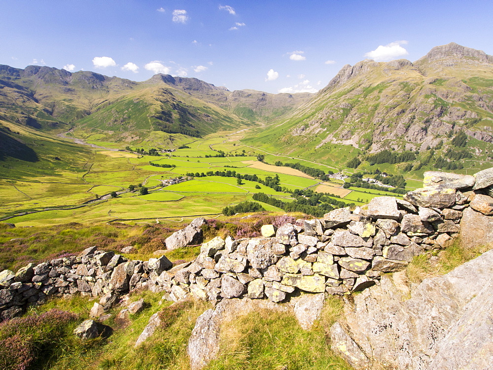 A dry stone wall on Lingmoor above the Langdale valley in the Lake District, UK, with the Langdale Pikes in the background.