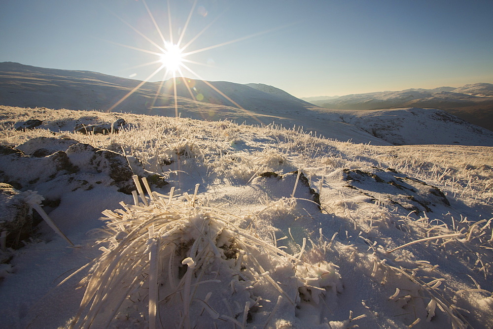 Looking across hoare frosted grass on the Helvellyn Range, Lake District, UK.