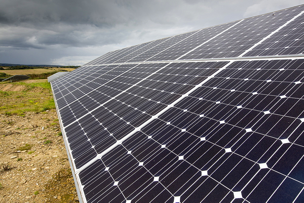 A solar park at Wheal Jane an old abandoned Cornish tin mine near Redruth, UK, that is rediscovering itself as a renewable energy hub.