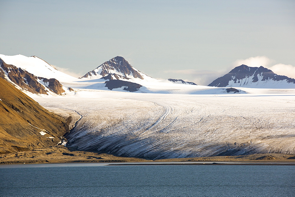 A glacier at Recherchefjorden on Western Svalbard. All of Svalbards glaciers are retreating, even in the north of the archiapelago despite only being around 600 miles from the North Pole.