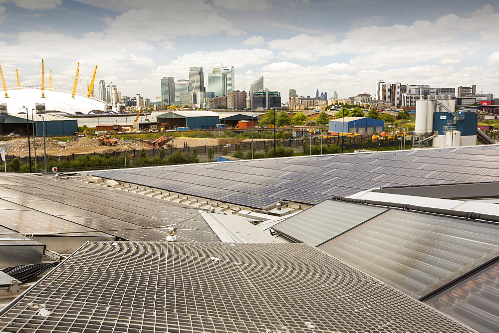 Solar thermal and solar PV panels on the roof of the Crystal building which is the first building in the world to be awarded an outstanding BREEAM (BRE Environmental Assessment Method) rating and a LEED (Leadership in Energy and Environmental Design) platinum rating. London, UK.