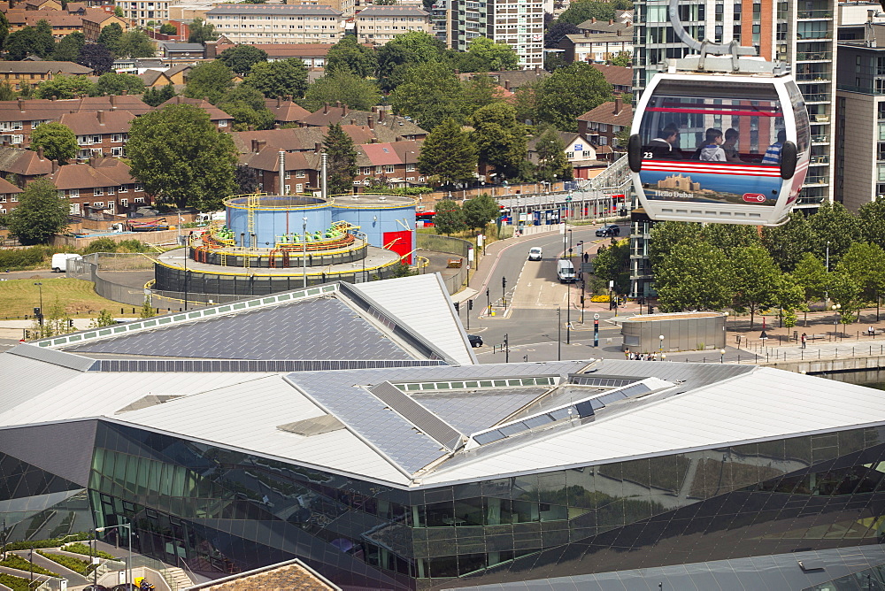 Solar thermal and solar PV panels on the roof of the Crystal building which is the first building in the world to be awarded an outstanding BREEAM (BRE Environmental Assessment Method) rating and a LEED (Leadership in Energy and Environmental Design) platinum rating. London, UK.