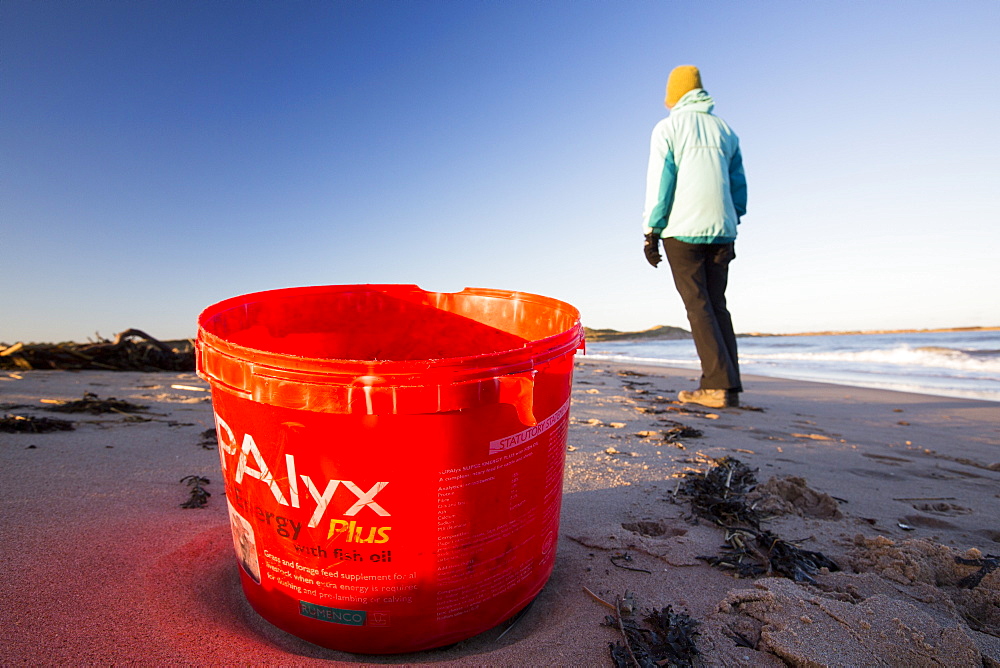 plastic rubbish on Beadnell beach, Northumberland, UK, at sunset.