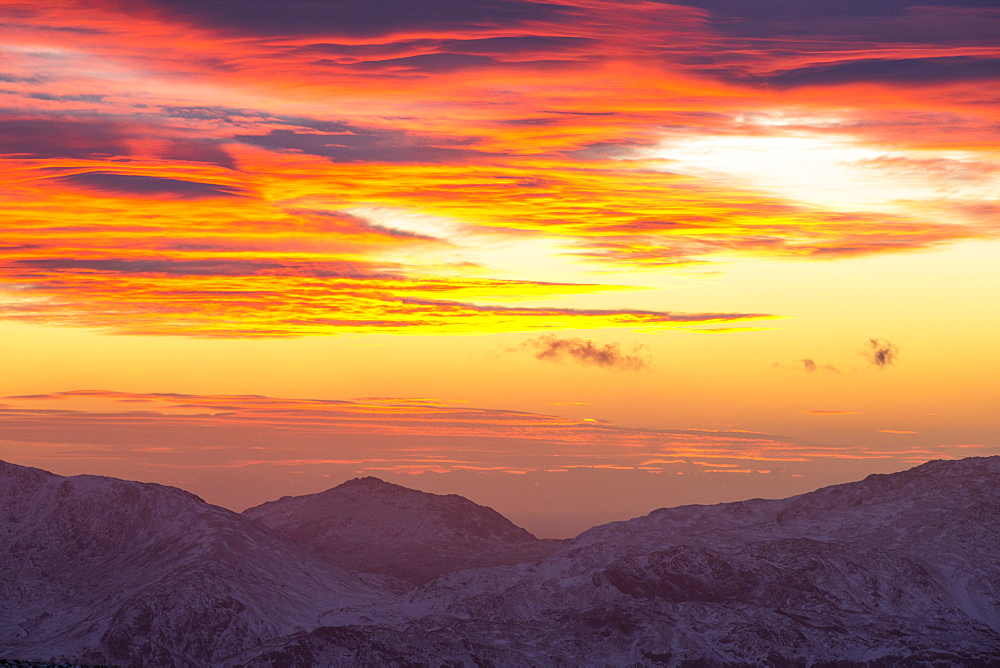 The view south west from the summit of Red Screes at sunset in the Lake District, UK, taken on Wednesday 4th February 2015