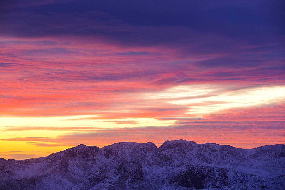 The view south west from the summit of Red Screes at sunset in the Lake District, UK, taken on Wednesday 4th February 2015