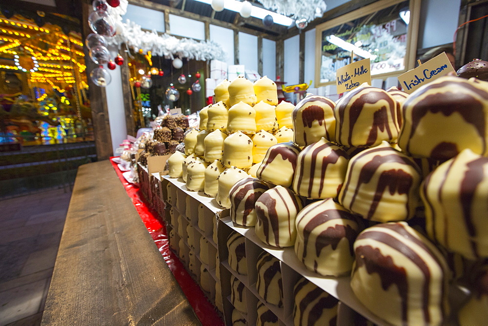 A Christmas market stall in the Trafford Centre, Manchester, UK.