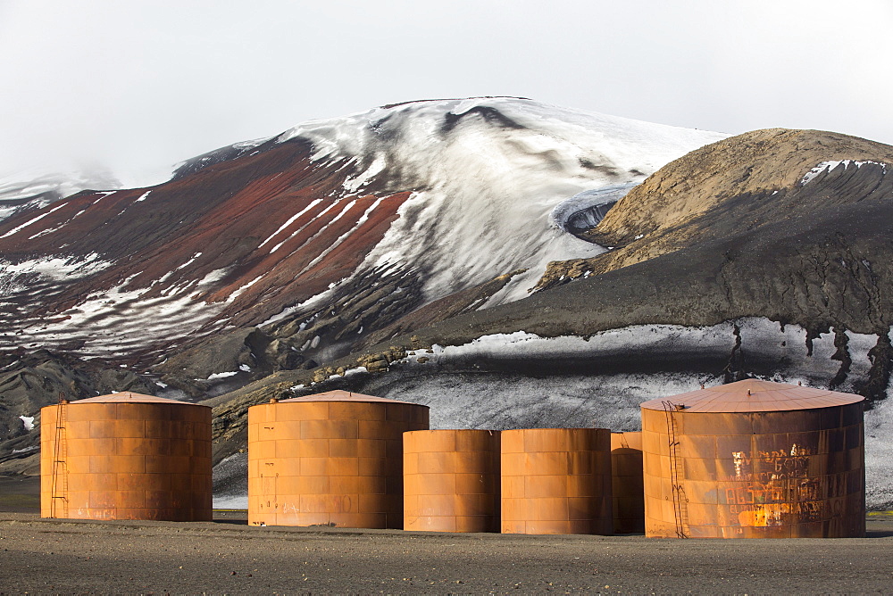 The old abandoned whaling station on Deception Island in the South Shetland Islands off the Antarctic Peninsular which is an active volcanic caldera.