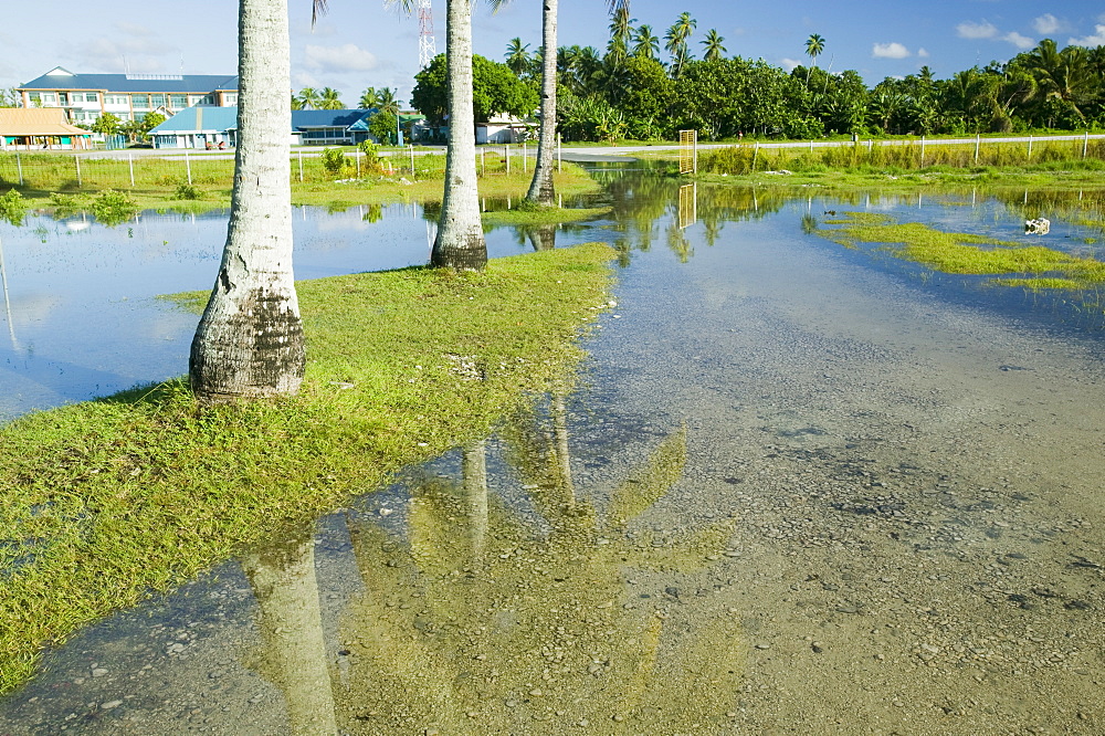 Sea water incursion onto Funafuti Atoll the main island, as global warming induced sea level rise threatens to flood these low lying islands, Funafuti, Tuvalu, Pacific