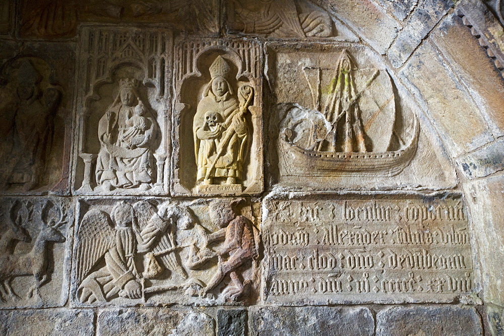 The tomb of Alasdair Macleod in St Clements Church in Rodel, Isle of Harris, Outer Hebrides, Scotland, UK, and ancient 15th century church built for the chiefs of the Clan Macleods