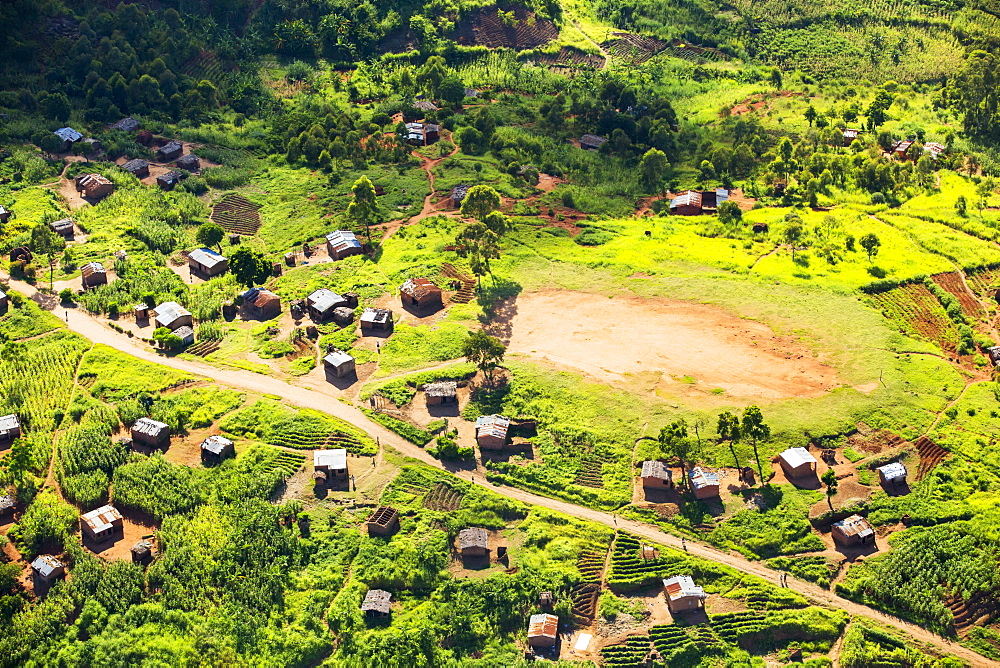 Looking down on deforested forest slopes from the air, being replaced by farmland for subsistence agriculture in Malawi. The country is suffering rapid deforestation, to provide both land for farming, and for making charcoal, the main cooking fuel in Malawi.