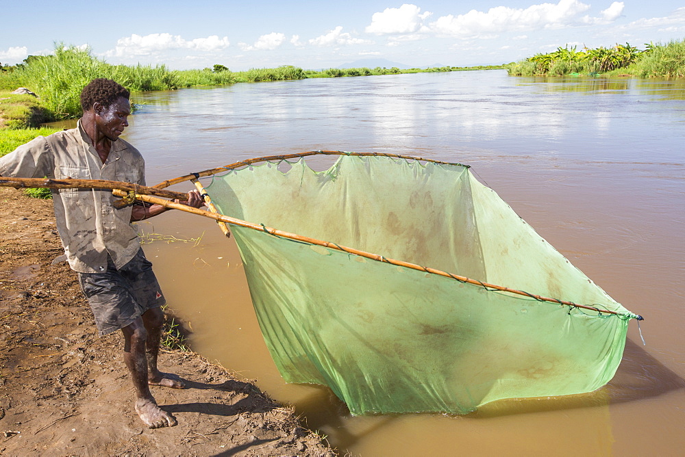 A fisherman catching small fish in the Shire river in Nsanje, Malawi.