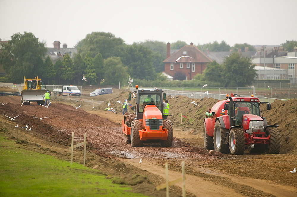 Construction of new flood defences in Carlisle after the disastrous floods there, Cumbria, England, United Kingdom, Europe