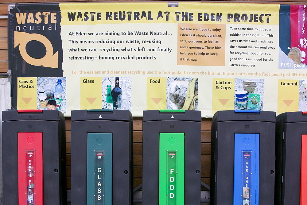 Waste recycling bins at the waste-neutral Eden Project, Cornwall, England, United Kingdom, Europe