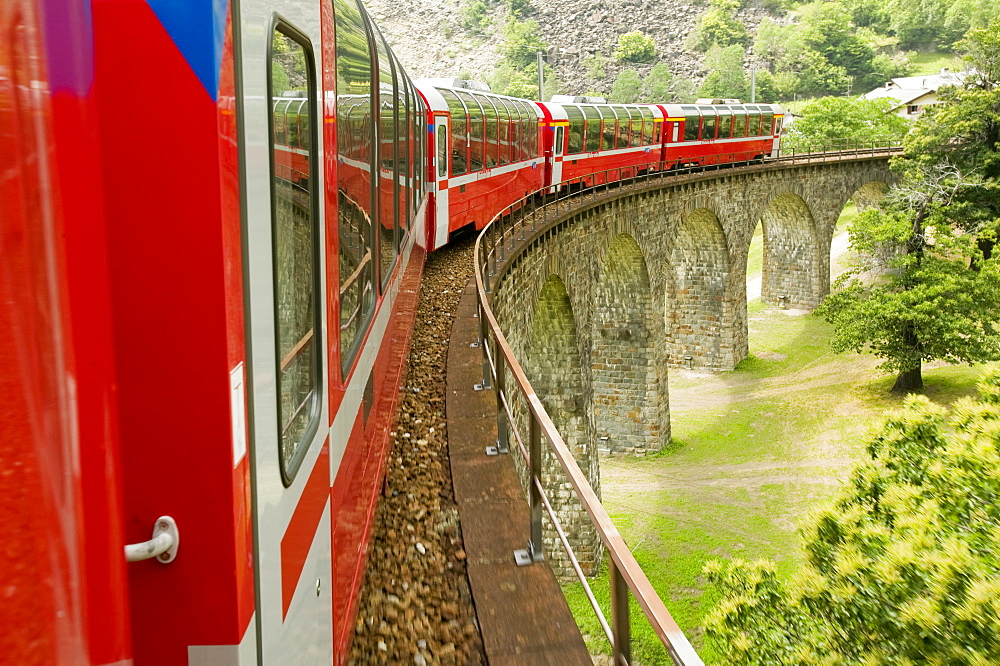 The Bernina Glacier express that goes from Chur in Switzerland to Tirano in Italy, Europe