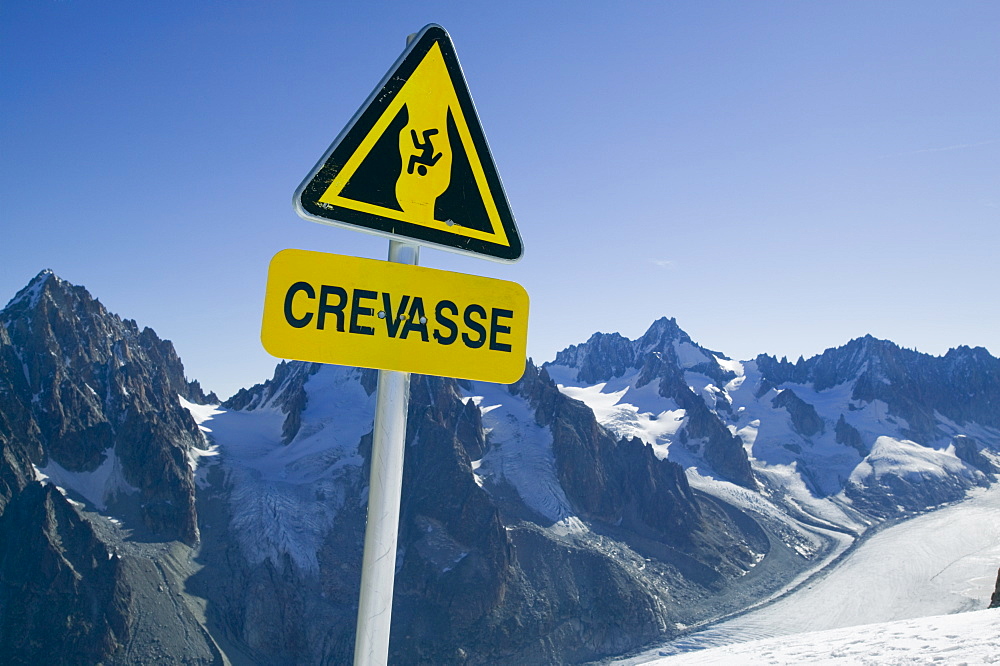 A warning sign above the rapidly melting Mer Du Glace, Chamonix, Haute Savoie, France, Europe