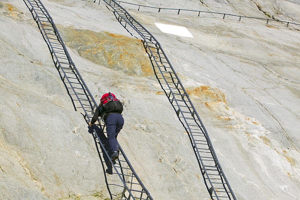 Climbing ladders to reach the rapidly retreating Mer du Glace glacier, Chamonix, Haute Savoie, France, Europe