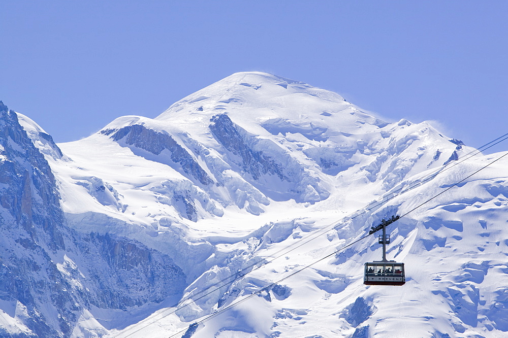 The Brevent telepherique in front on Mont Blanc above Chamonix, Haute Savoie, France, Europe