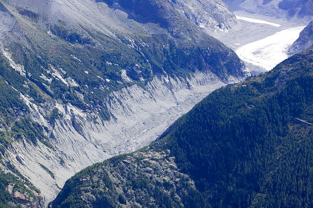 Moraine left on the side of the valley by the retreating Mer Du Glace in Chamonix, Haute Savoie, France, Europe