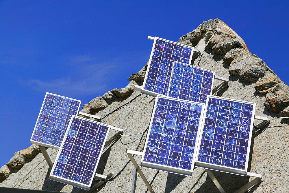 Solar electric panels on a mountain hut above Chamonix, Haute Savoie, France, Europe