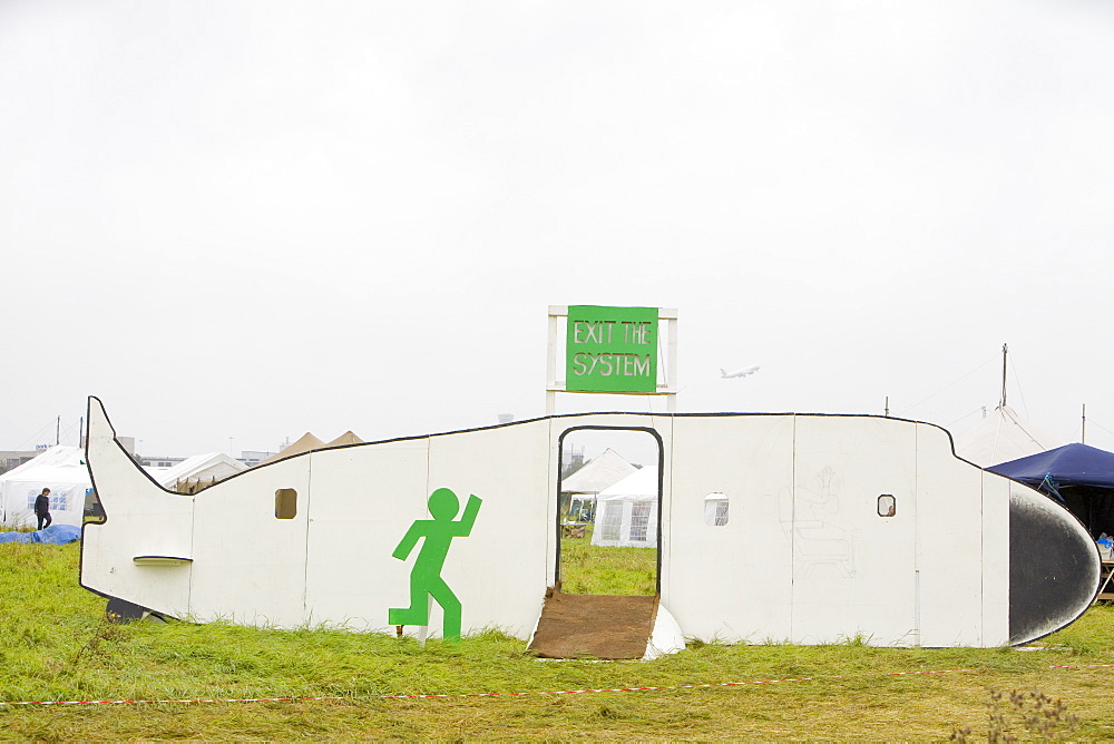 The Climate Camp protest against airport development at Heathrow and the village of Sipson that would be demolished to make way for a third runway, Greater London, England, United Kingdom, Europe