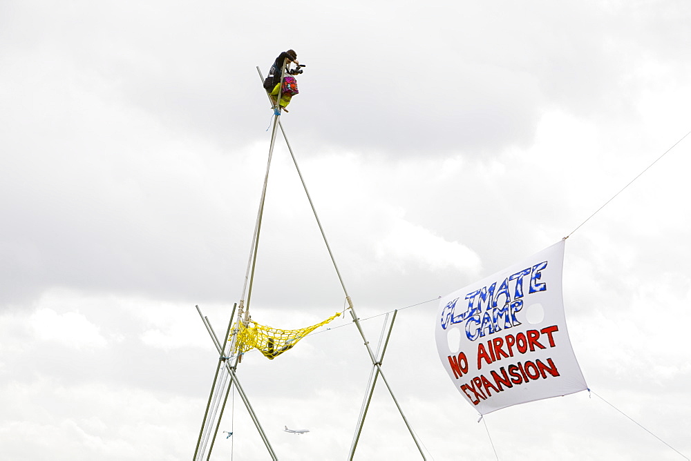 The Climate Camp protest against airport development at Heathrow and the village of Sipson that would be demolished to make way for a third runway, London, England, United Kingdom, Europe