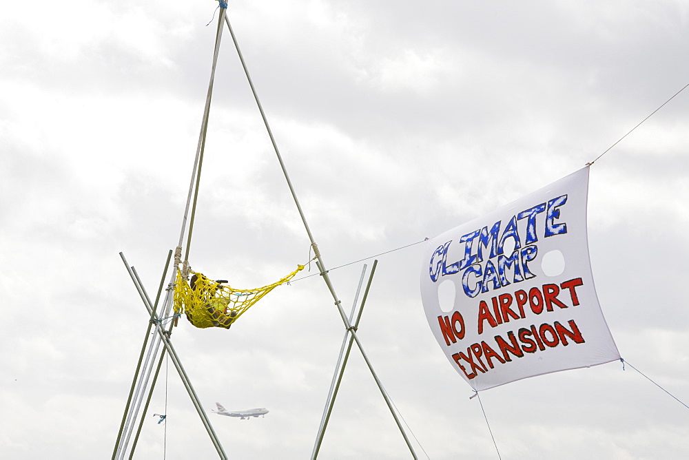 The Climate Camp protest against airport development at Heathrow and the village of Sipson that would be demolished to make way for a third runway, London, England, United Kingdom, Europe