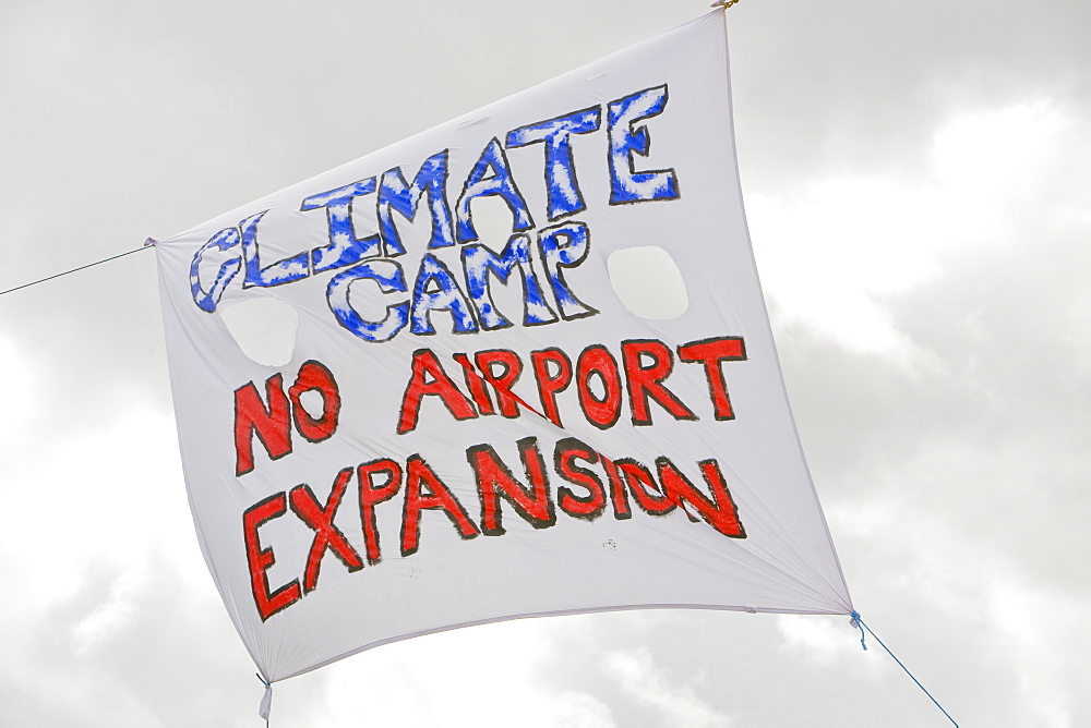 The Climate Camp protest against airport development at Heathrow and the village of Sipson that would be demolished to make way for a third runway, London, England, United Kingdom, Europe