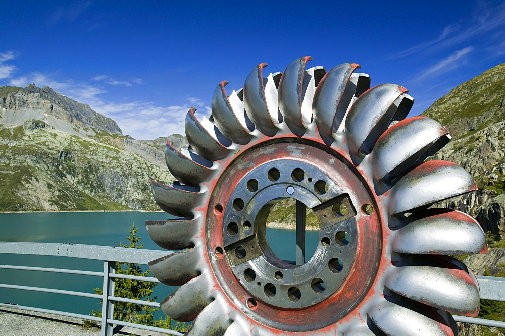 A water turbine on the dam at Lake Emerson on the French Swiss border to generate hydro electricity, France, Europe