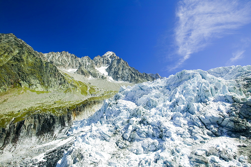 Melting seracs on the snout of the Argentiere Glacier, like most Alpine glaciers it is retreating rapidly due to global warming, Chamonix, Haute Savoie, France, Europe