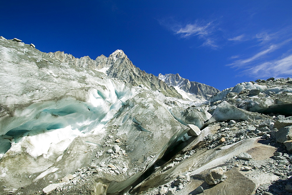 The Argentiere Glacier, like most Alpine glaciers it is retreating rapidly due to global warming, Chamonix, Haute Savoie, France, Europe