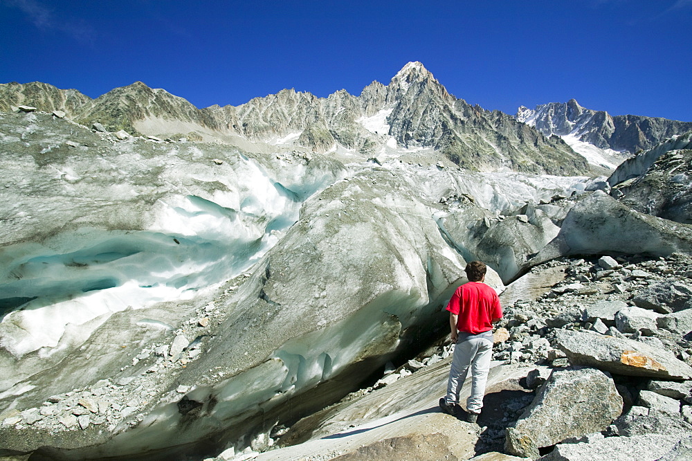 The Argentiere Glacier, like most Alpine glaciers it is retreating rapidly due to global warming, Chamonix, Haute Savoie, France, Europe