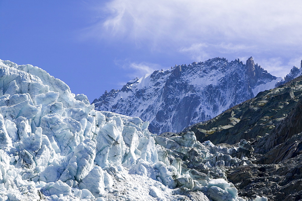 Melting seracs on the snout of the Argentiere Glacier, like most Alpine glaciers it is retreating rapidly due to global warming, Chamonix, Haute Savoie, France, Europe