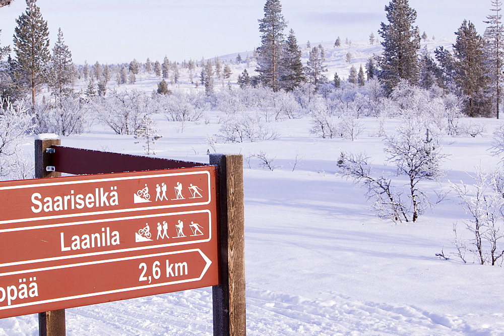 Ski-track sign in winter in Saariselka, Northern Finland, Finland, Scandinavia, Europe