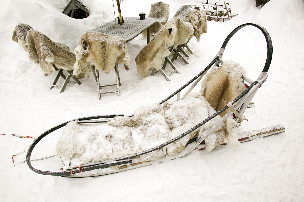 Dog sleds covered in reindeer hides in Saariselka, Northern Finland, Finland, Scandinavia, Europe