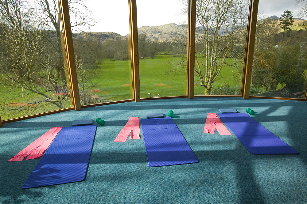 A village hall in Ambleside laid out for a Pilates class, Lake District, Cumbria, England, United Kingdom, Europe