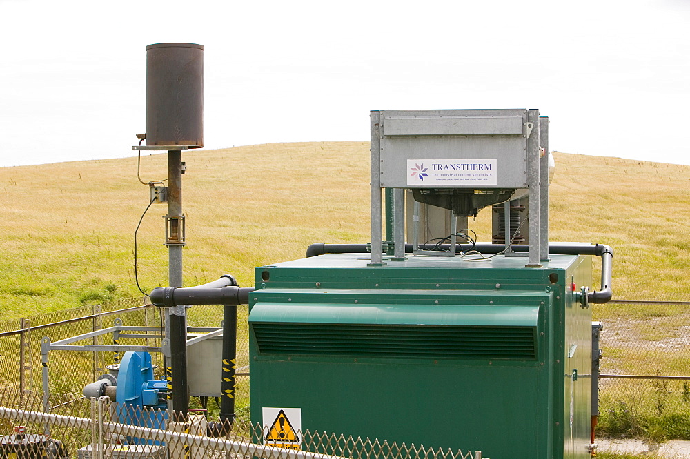 Capturing methane from an old land fill rubbish dump on Walney Island near Barrow in Furness to convert to green electricity, Cumbria, England, United Kingdom, Europe