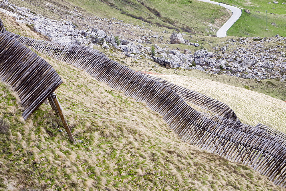 Avalanche protection above the Pordoi Pass in the Italian Dolomites above Arabba, Belluno, Veneto, Italy, Europe