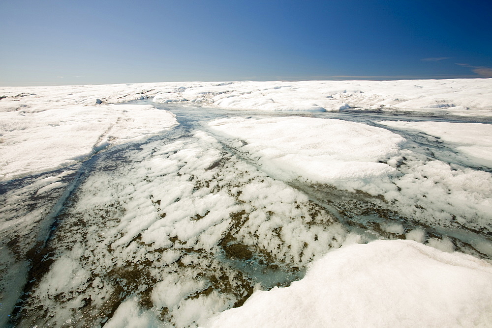 Melt water on the Greenland ice sheet near camp Victor north of Ilulissat, Greenland, Polar Regions