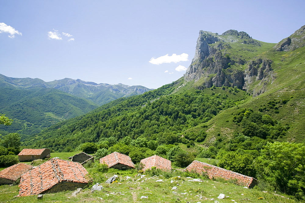 Summer mountain huts above Espinama in the Picos de Europa mountains, Northern Spain, Europe