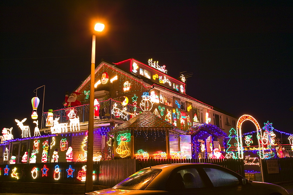 Christmas decorations on a house in Clitheroe, Lancashire, England, United Kingdom, Europe