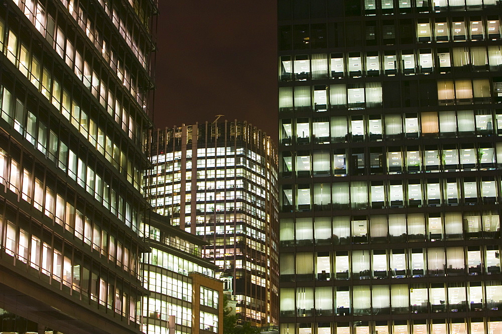 Office blocks burning energy needlessly at night in London, England, United Kingdom, Europe