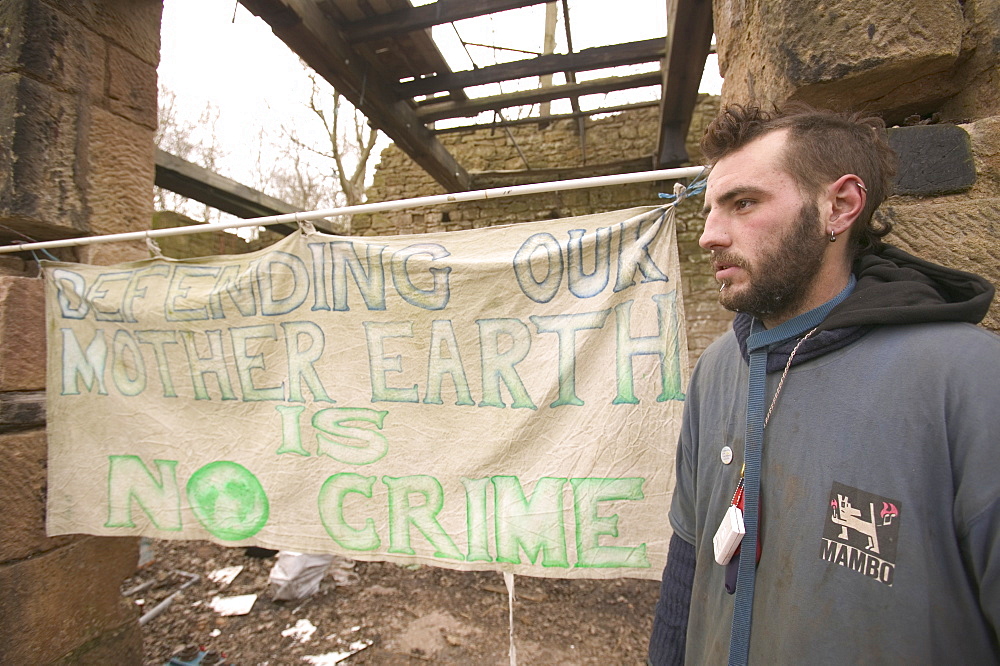 Environmental protestor at the Nine Ladies stone circle camp in Derbyshire, England, United Kingdom, Europe