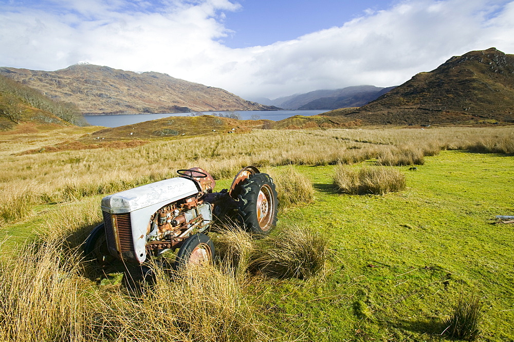 An abandoned tractor at Stoul croft on the shore of Loch Nevis, Scotland, United Kingdom, Europe