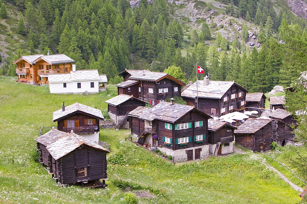 Old wooden houses in Blatten above Zermatt, Switzerland, Europe