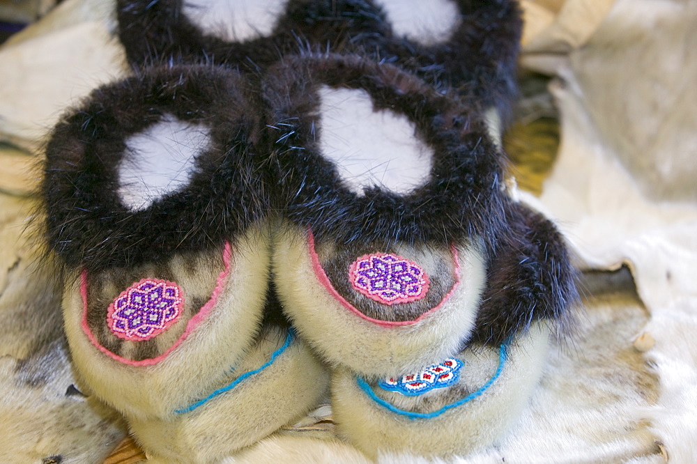 Traditional seal skin slippers in the tannery in Shishmaref, a tiny island between Alaska and Siberia in the Chukchi sea, United States of America, North America