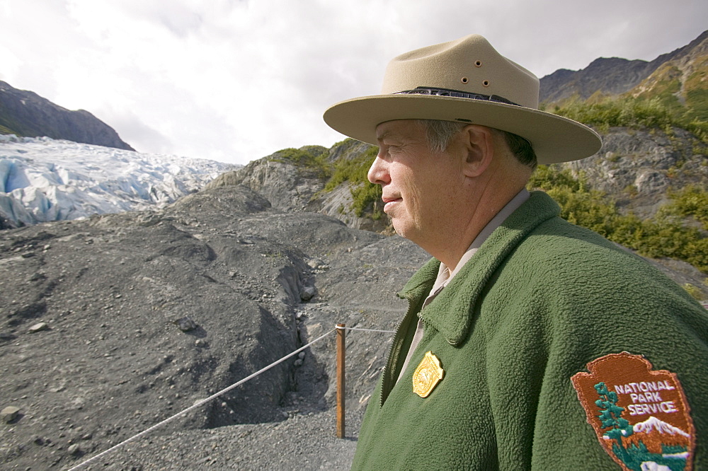 A park ranger at the Exit Glacier that has retreated rapidly due to global warming, Kenai Fjords National Park, Alaska, United States of America, North America