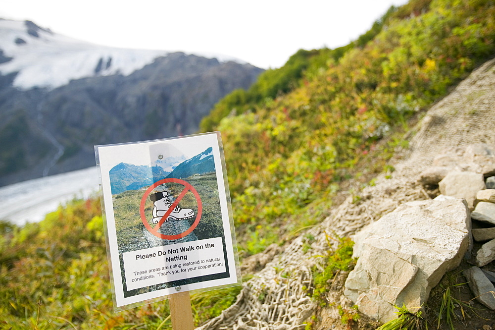 A footpath erosion sign near Exit Glacier in the Kenai Fjords National Park in Alaska, United States of America, North America