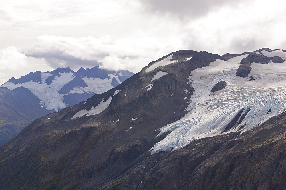 Exit Glacier looking towards the Harding icefield which are both receding rapidly due to global warming, Kenai Fjords National Park, Alaska, United States of America, North America