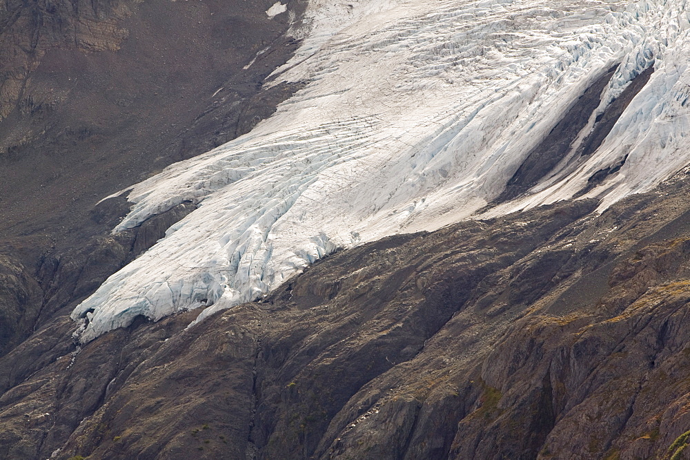 Exit Glacier looking towards the Harding icefield which are both receding rapidly due to global warming, Kenai Fjords National Park, Alaska, United States of America, North America