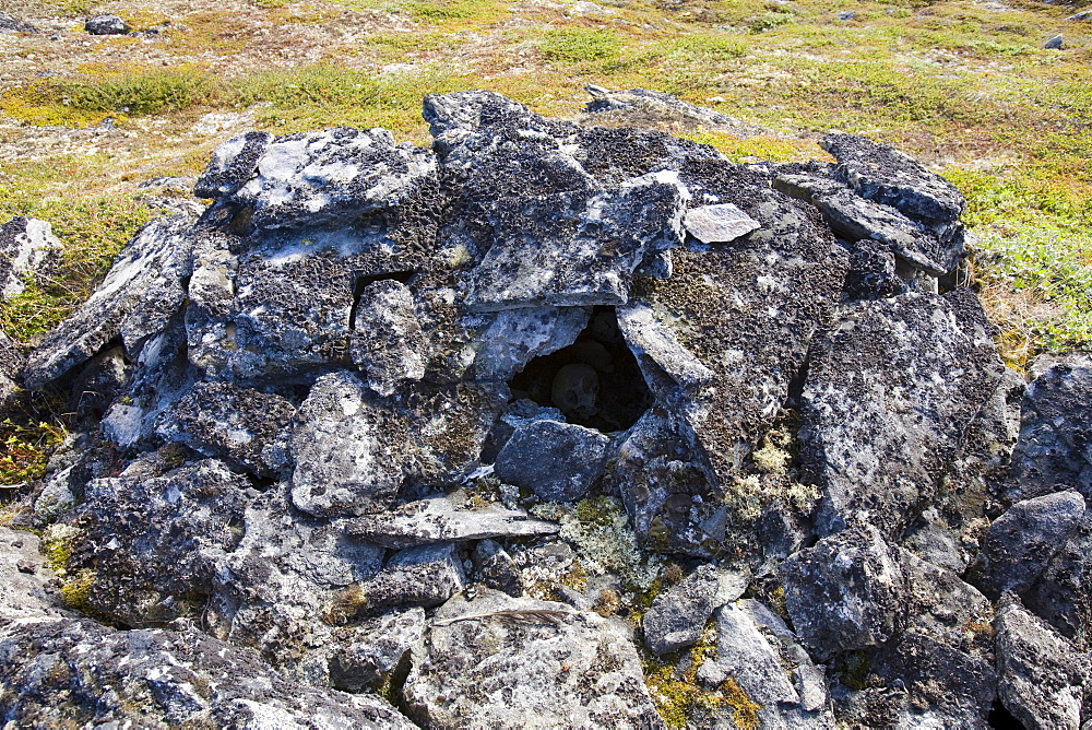 A stone chambered cairn containing graves at least 2000 years old, Ilulissat in Greenland, Polar Regions